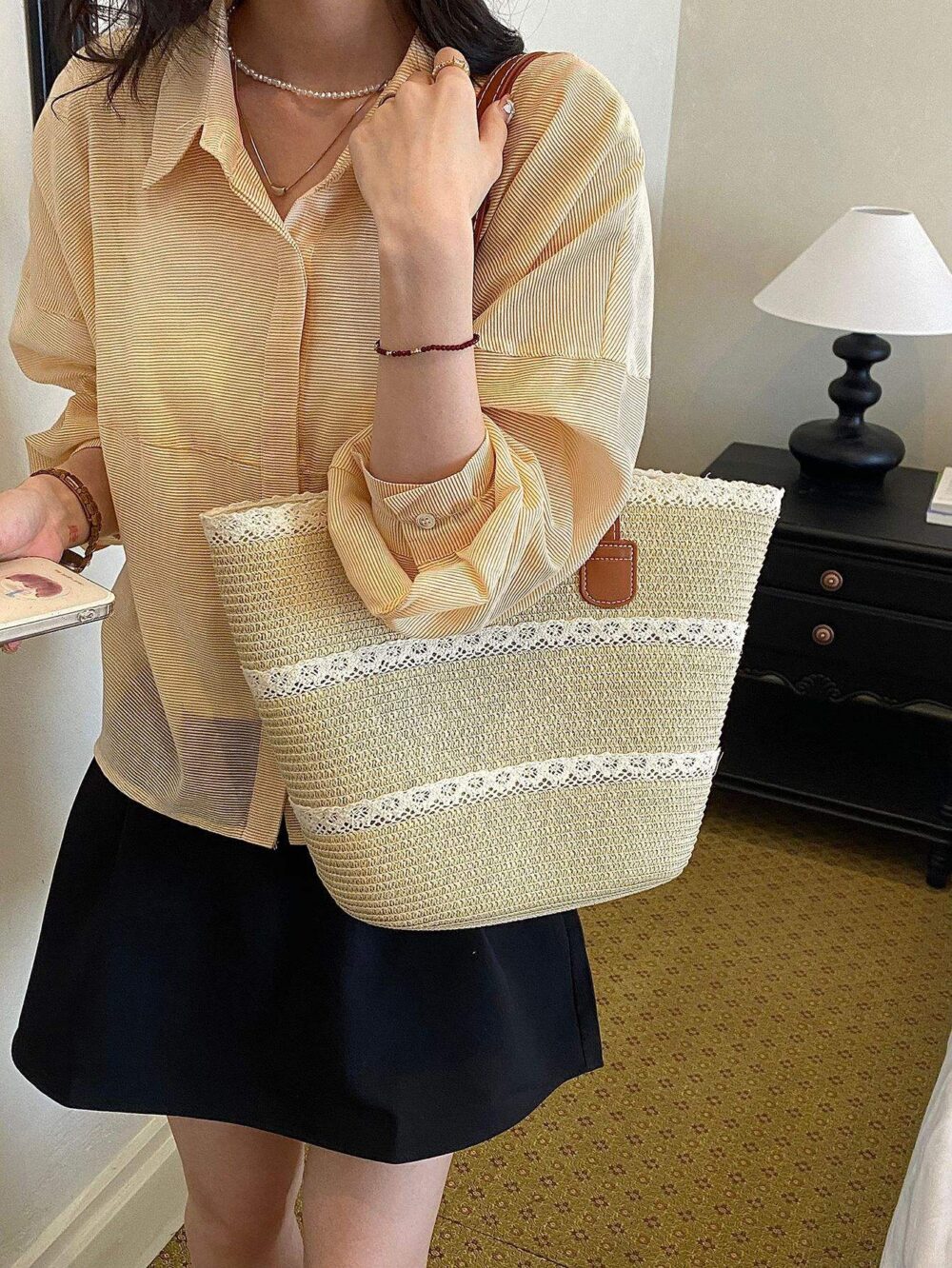 Spring and Summer New Solid Color Zipper Straw(Woven) Tote