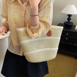 Spring and Summer New Solid Color Zipper Straw(Woven) Tote