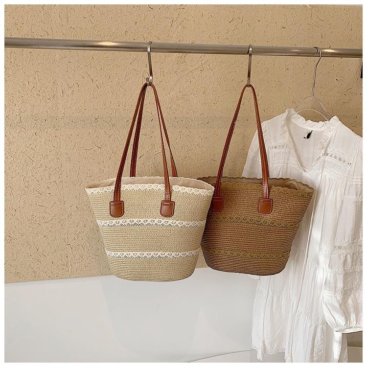 Spring and Summer New Solid Color Zipper Straw(Woven) Tote