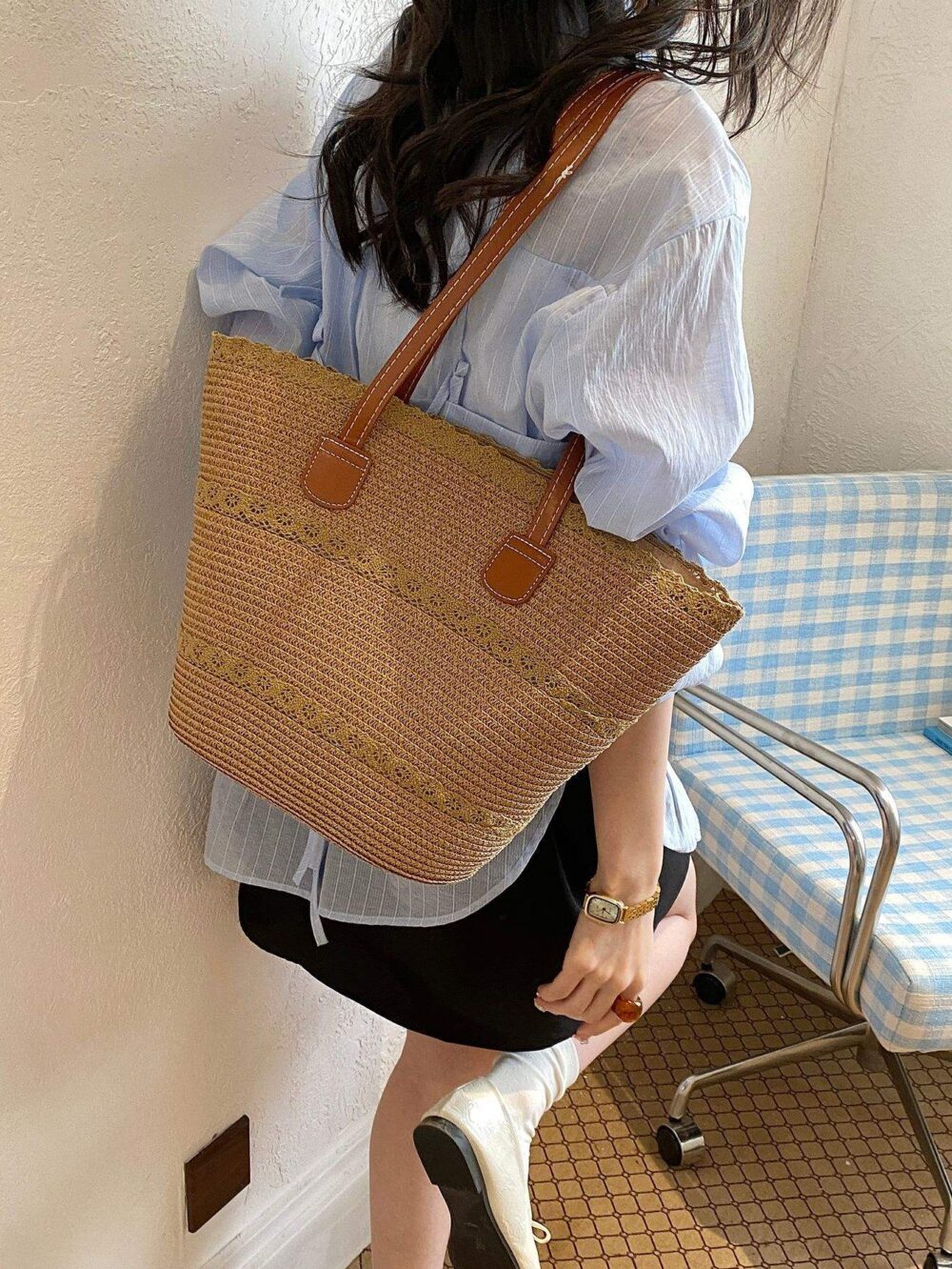 Spring and Summer New Solid Color Zipper Straw(Woven) Tote