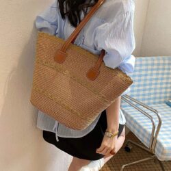 Spring and Summer New Solid Color Zipper Straw(Woven) Tote