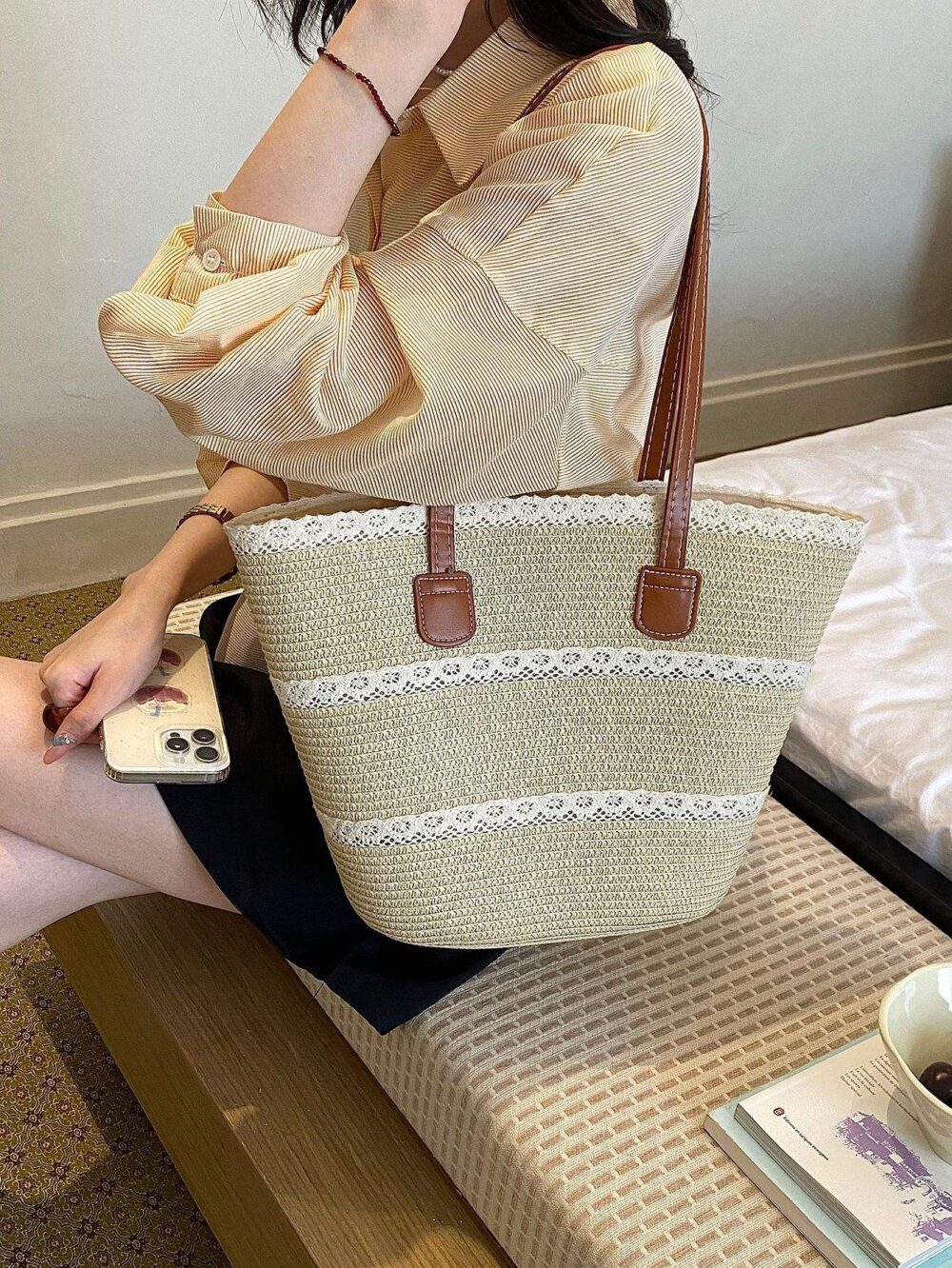 Spring and Summer New Solid Color Zipper Straw(Woven) Tote